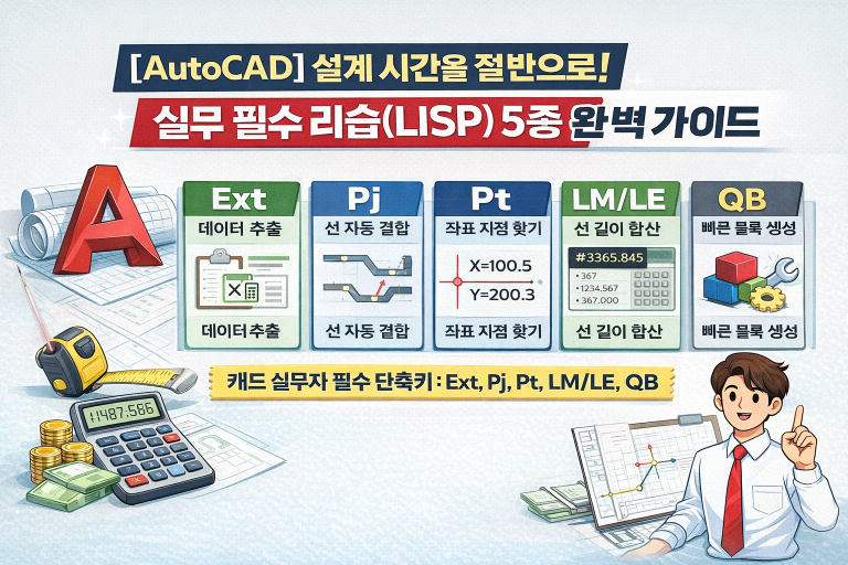 [AutoCAD] 실무 필수 리습(LISP) 5종 완벽 가이드 (Ext, Pj, Pt, LM/LE, QB)